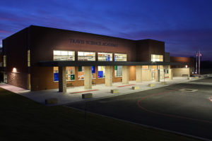Travis Science Academy in Temple exterior at night