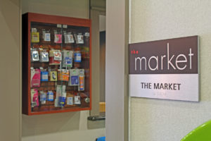 closeup of market sign inside hotel