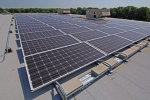 rooftop with solar panels and HVAC