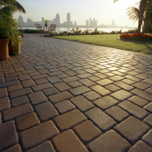 paved stone walkway at sunset