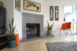 fireplace with stained concrete