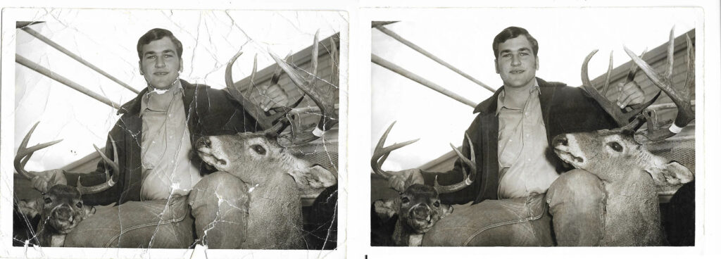 Man holding two deer after a hunting trip